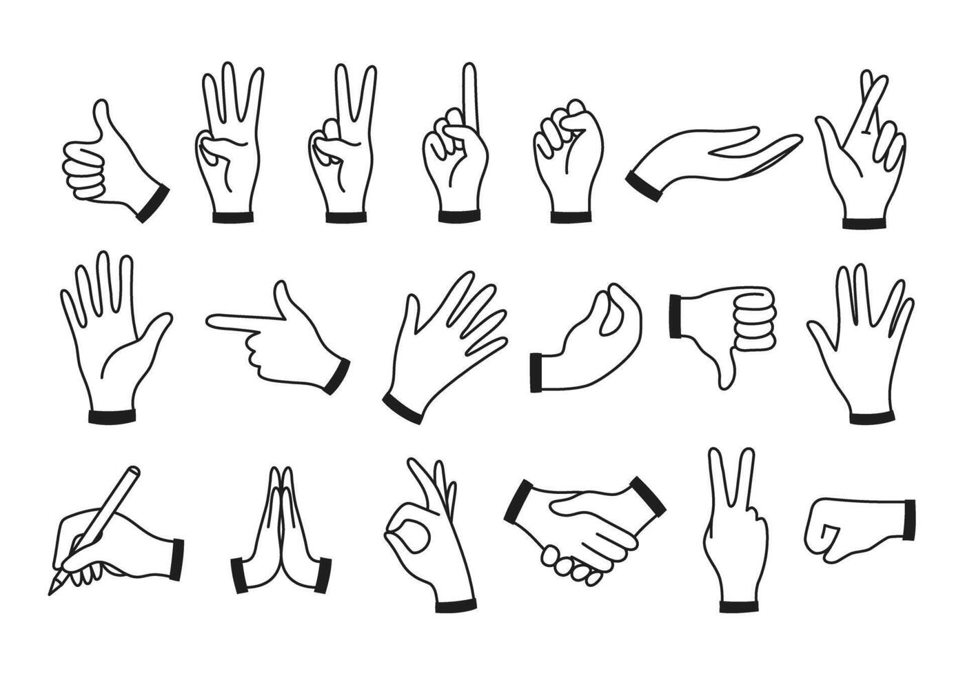 Set of human hand, palm, wrist gestures. Holding, gripping, pointing, fist, thumbs up. doodle illustration isolated on white vector