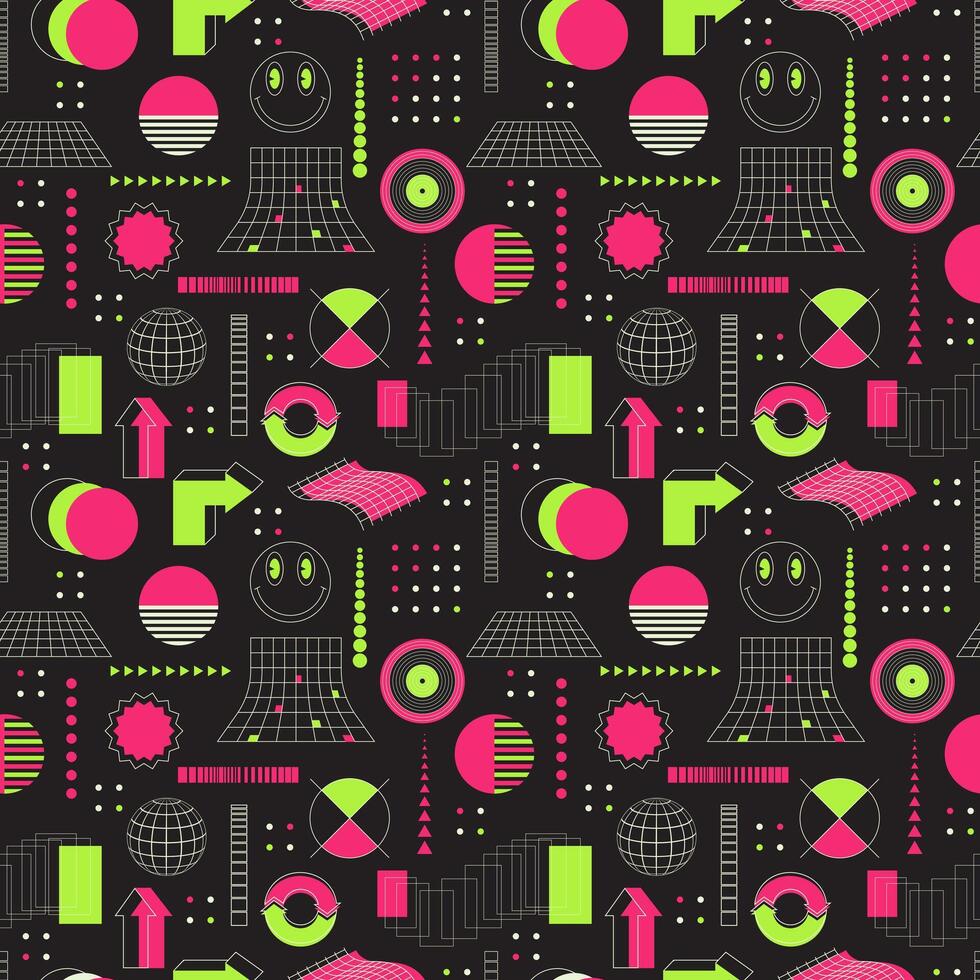 Seamless pattern with abstract geometric shapes, bold elements. Inspired by brutalism, retro futurism style. For web design, poster, cover, textile. Acid neon green and pink on black. vector
