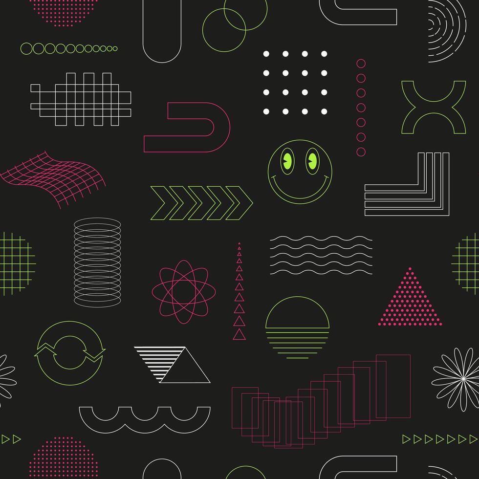 Seamless pattern with abstract geometric, linear, outline shapes. Smiling face, arrows, grid. Brutalism, retro futurism style. For web, covers, textile. Green pink white backdrop on black vector