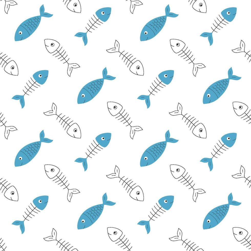 Simple seamless pattern with fish and a fish skeleton. For pet products design. Cartoon flat illustrations on white background. vector