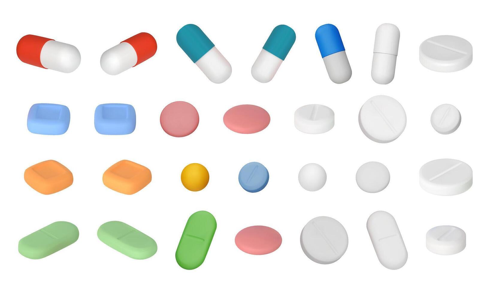 conjunto de diferente 3d pastillas medicamentos, tabletas, cápsulas, fármaco de analgésicos, antibióticos, vitaminas cuidado de la salud medicamentos. ilustración en dibujos animados mínimo estilo aislado en blanco vector