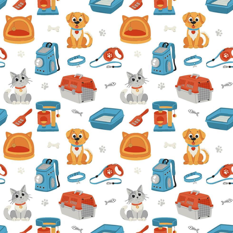 Seamless pattern with pets and pet care items. Cat, dog, carrier, harness. Flat illustrations on white background. vector