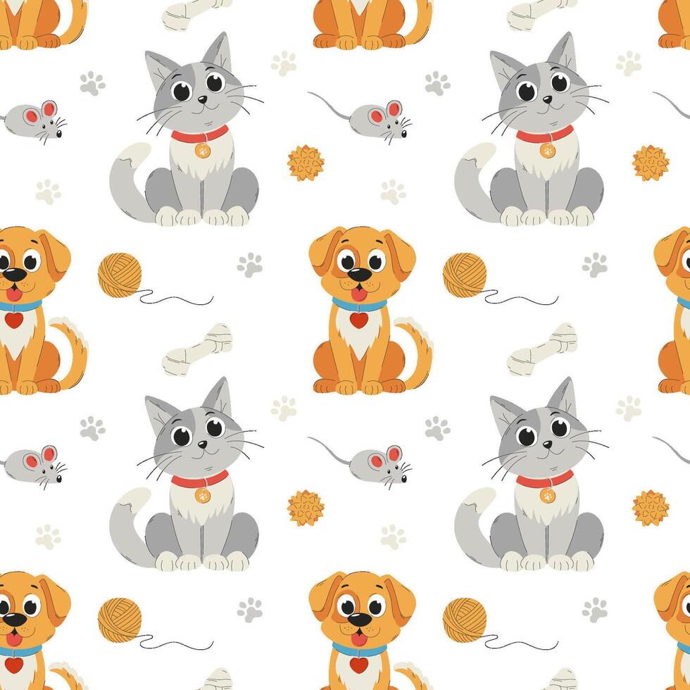 Seamless pattern with pets and toys for pets. Cute, smiling cat, dog, characters. Cartoon Flat illustrations on white background. vector