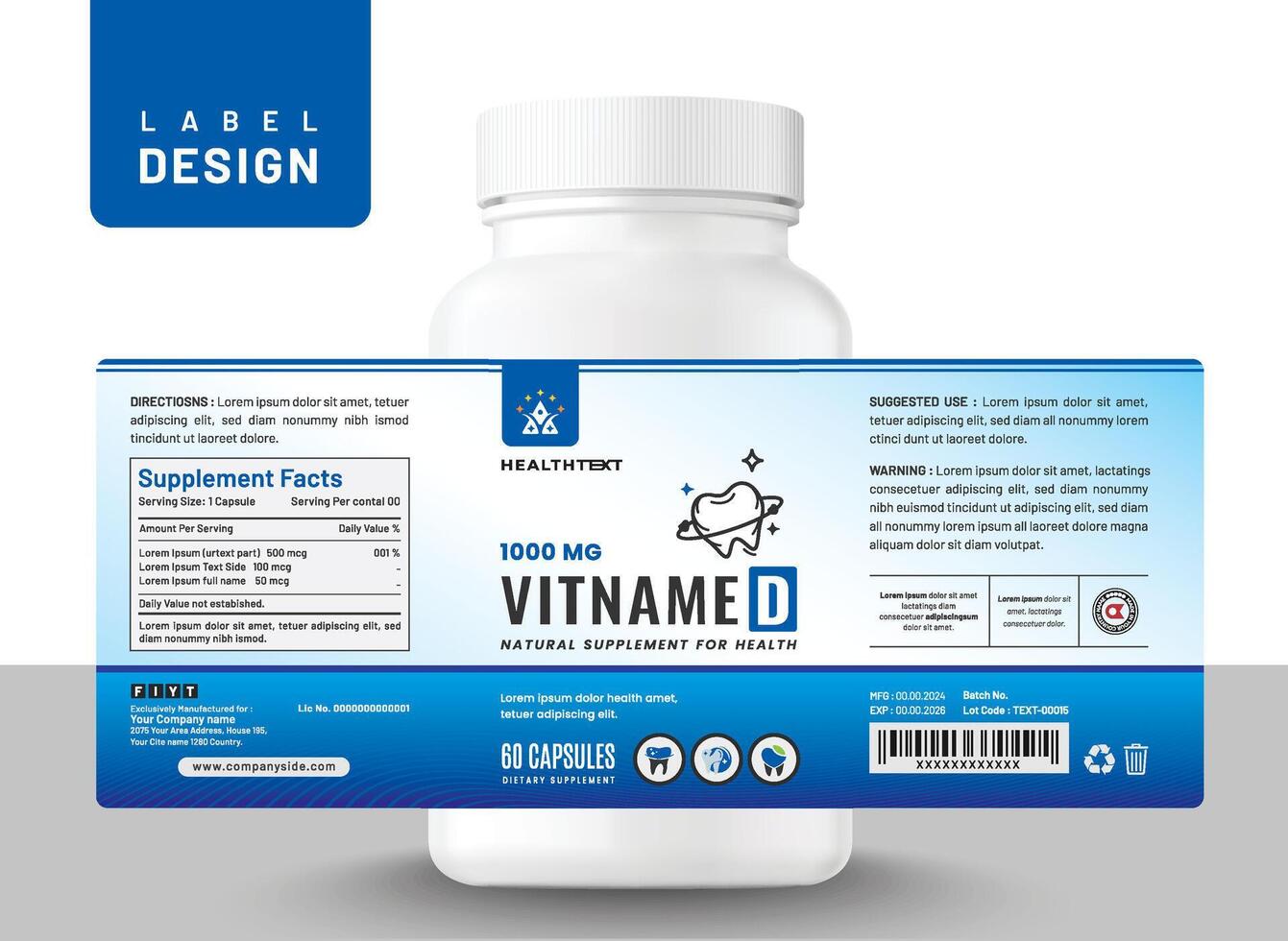 Dental food supplement multi vitamin label sticker oral design, bottle jar teeth product packaging. vector