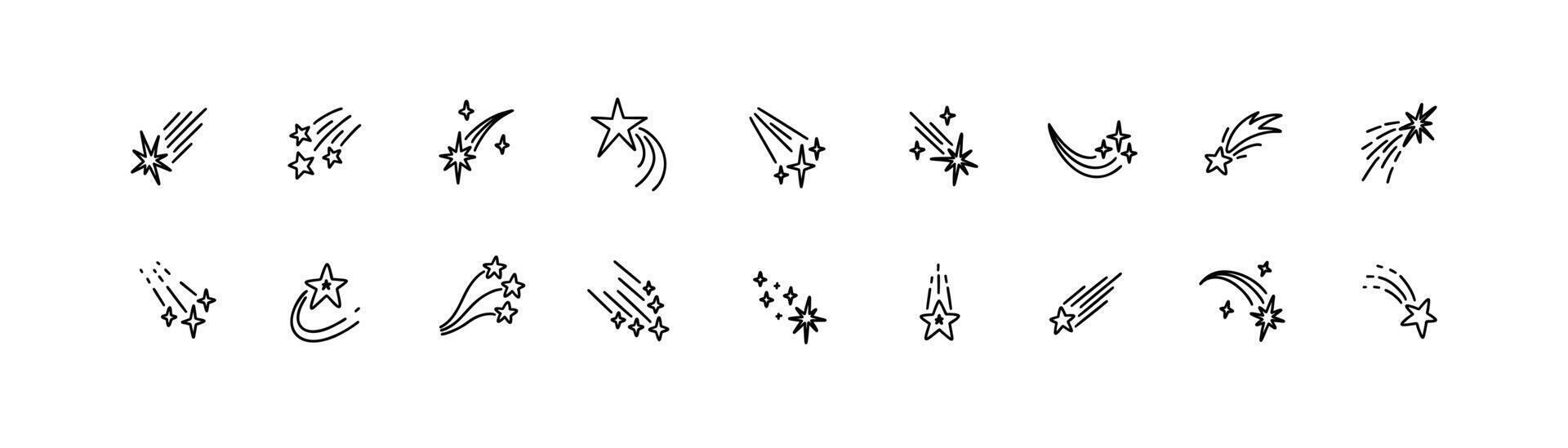 Set of doodle comets. Hand drawn falling stars. Sketchy night sky drawing. Simple cosmic line icons. Space meteor shooting. Asteroid tail. Crayon, ink, pen illustration. Galaxy star cluster. vector