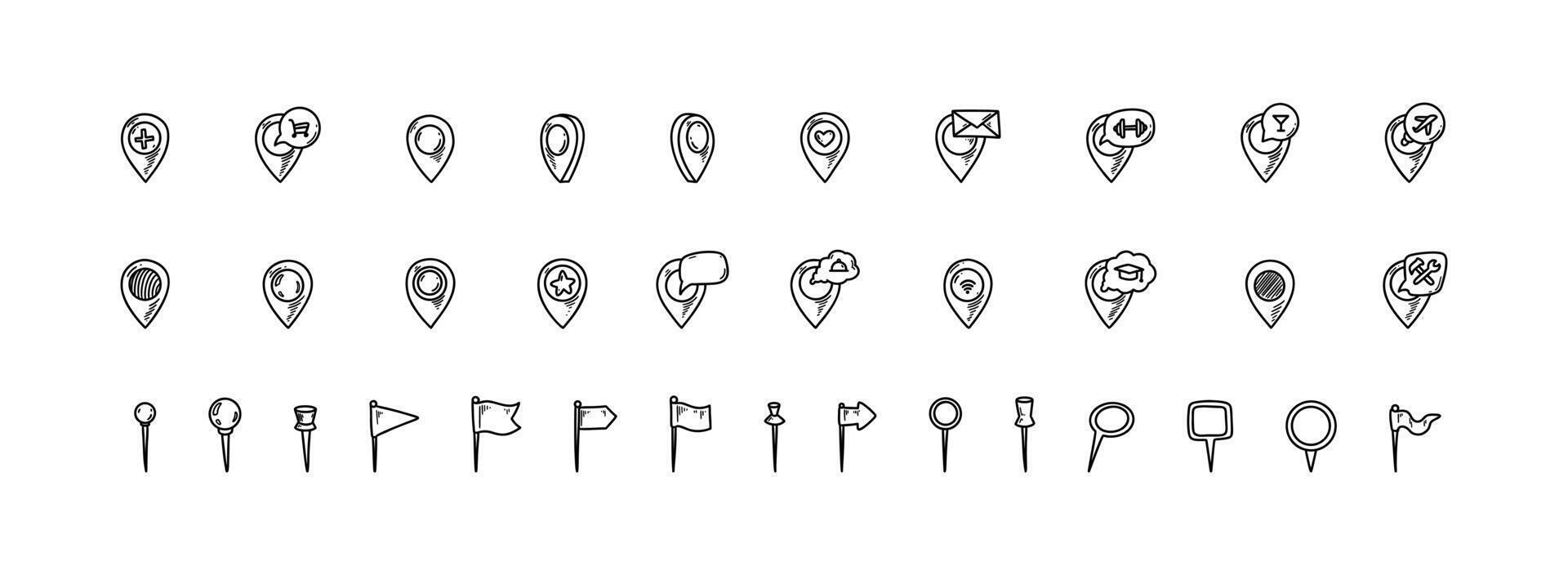 Location pin and flag icons set. Doodle location marker. Sketch restaurant, gym, bar, airport, hospital, store, university pinpoint. Hand drawn gps navigation mark. vector