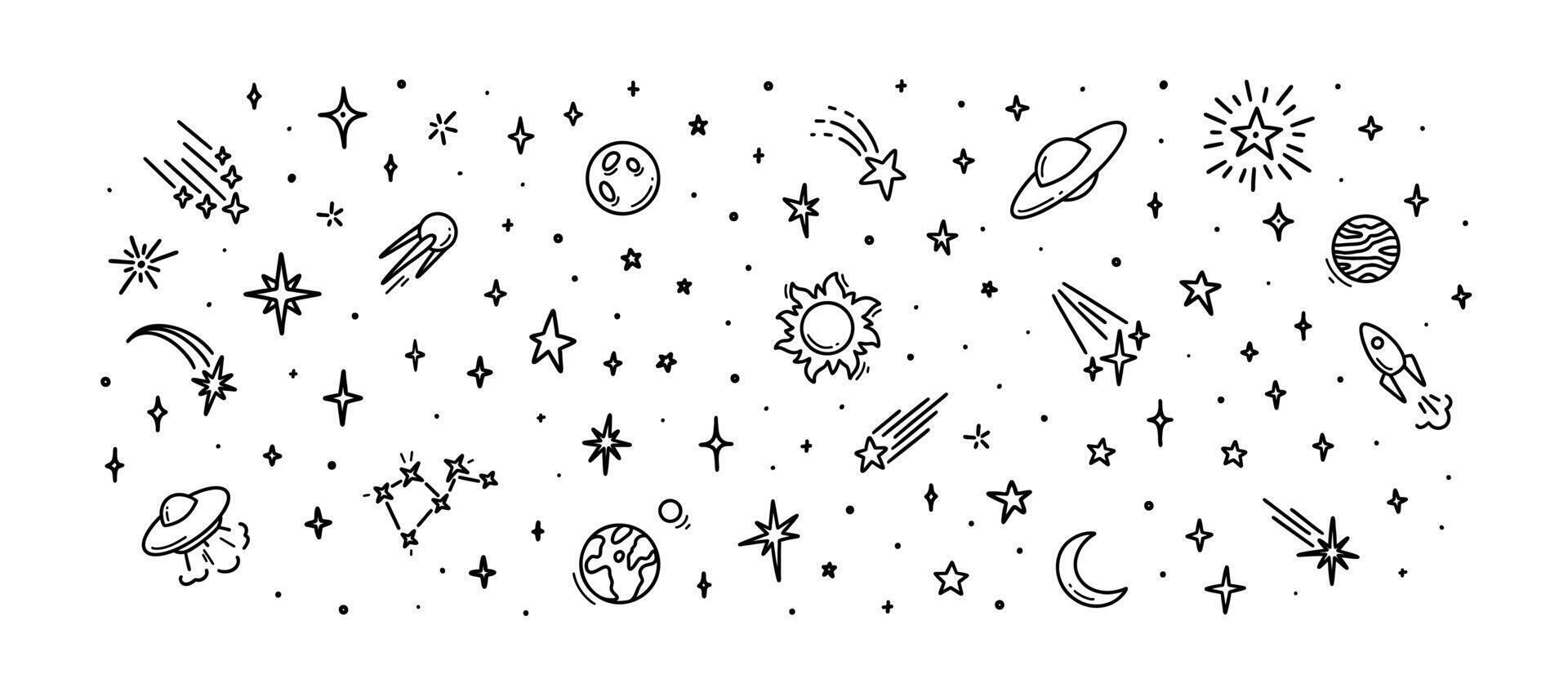 Cute line doodle space background. Hand drawn planets, sun, moon, stars, spaceship collection. Childish drawing cosmic illustration. Crayon, ink, pencil drawing. Night starry sky vector