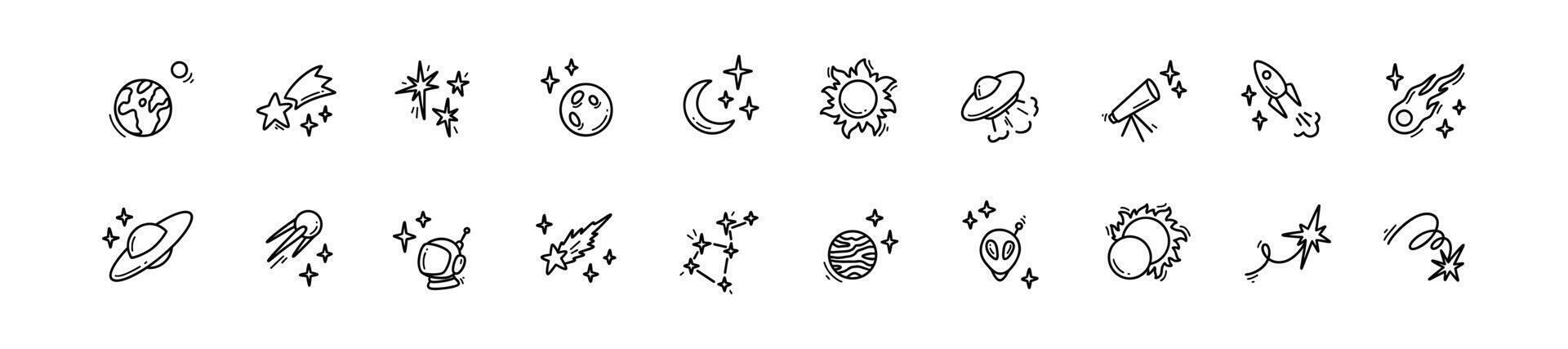 Doodle outer space cosmic icons set. Planets, constellation, spacecraft, rocket hand drawn linear illustration. Falling stars and comets. Alien ship. Astronomy science and astrology concept. vector