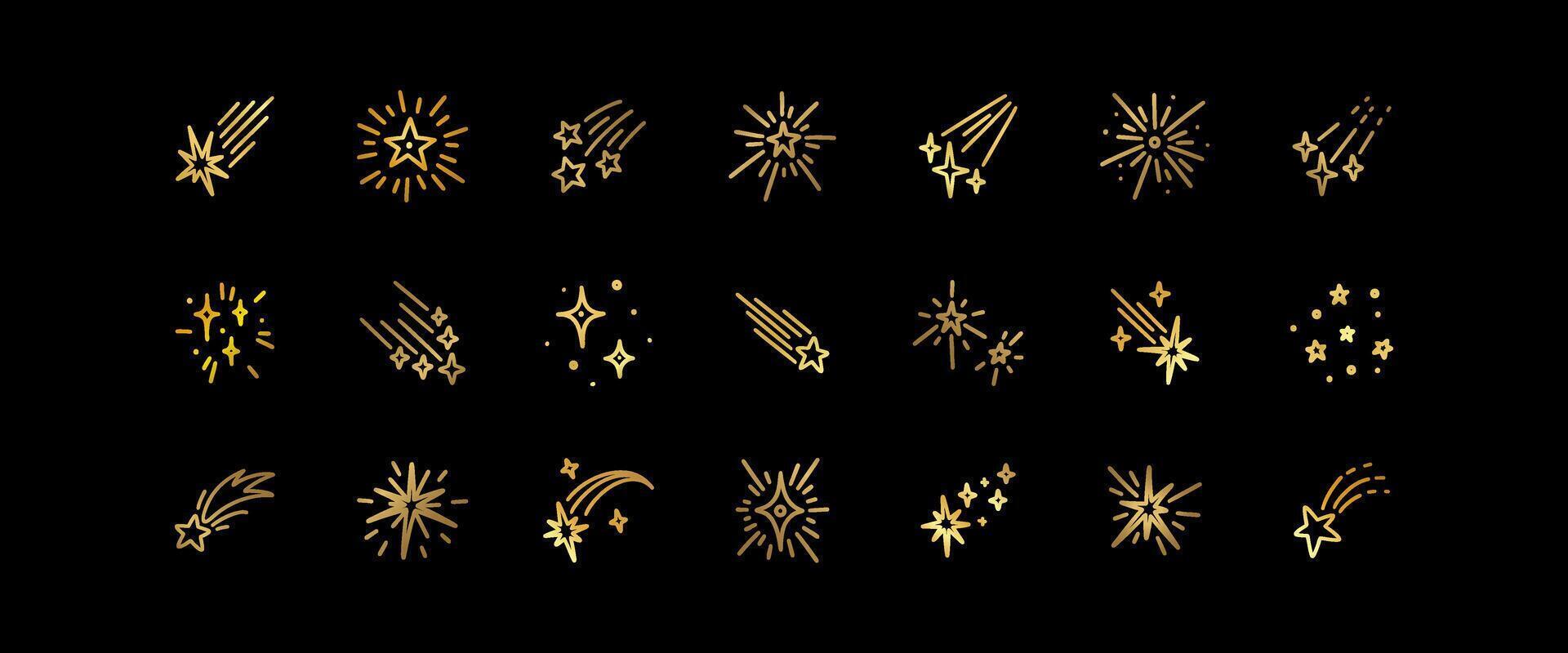 Gold stars, meteors, comets doodle set. Hand drawn night starry sky. Astrology, magic, celestial background. Falling asteroid hand drawn sketch. Holiday Merry Christmas and Happy New year decorations vector