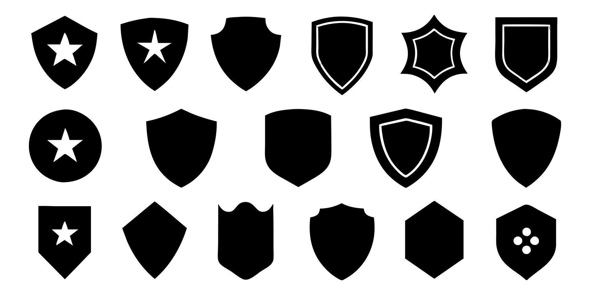 Beautiful set of shields silhouettes. Black badges shape label collection for military, police, soccer and others. vector