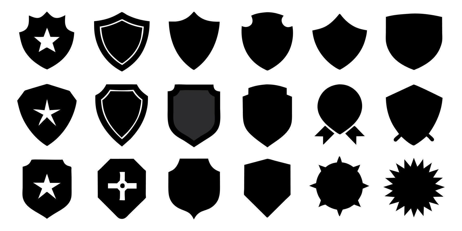 Beautiful set of shields silhouettes. Black badges shape label collection for military, police, soccer and others. vector