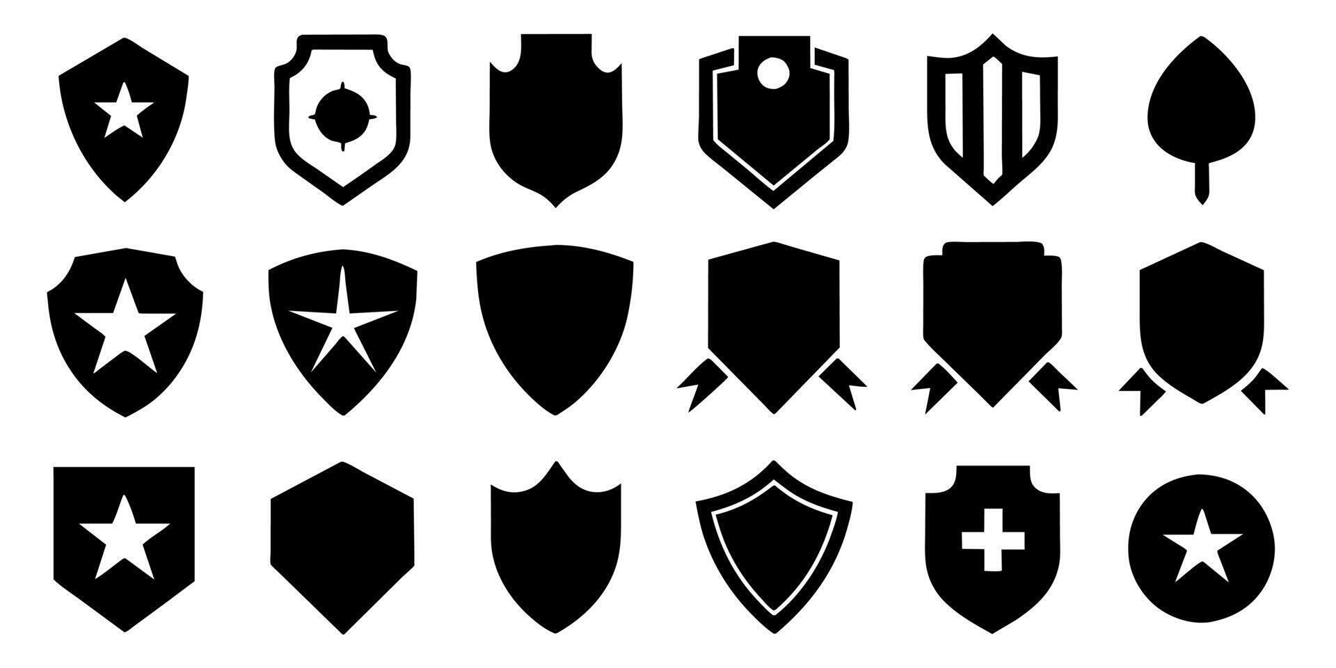 hermosa conjunto de escudos siluetas negro insignias forma etiqueta colección para militar, policía, fútbol y otros. vector