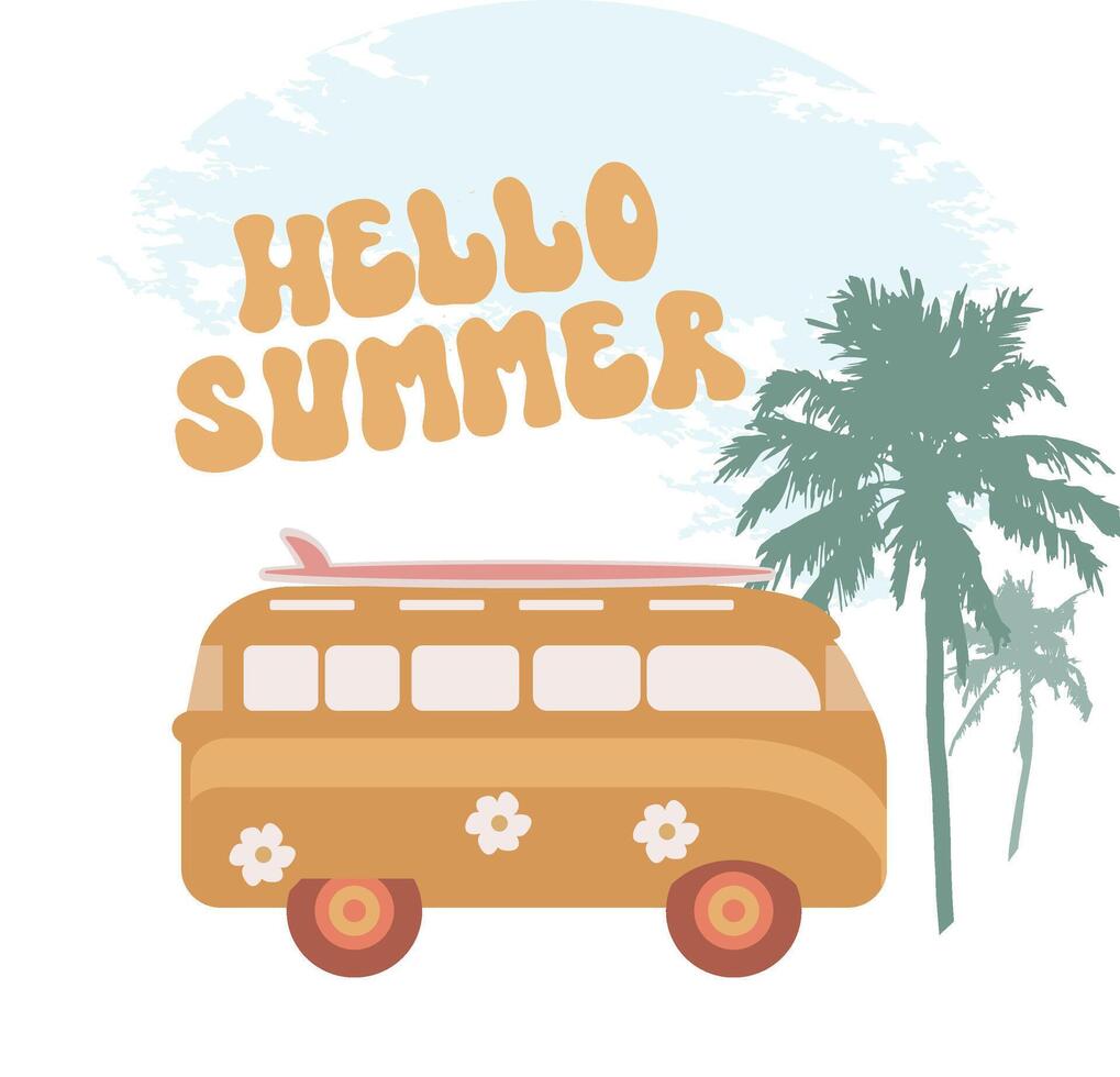 icon in trendy retro cartoon style, groovy 70s with lettering hello summer. illustration vector