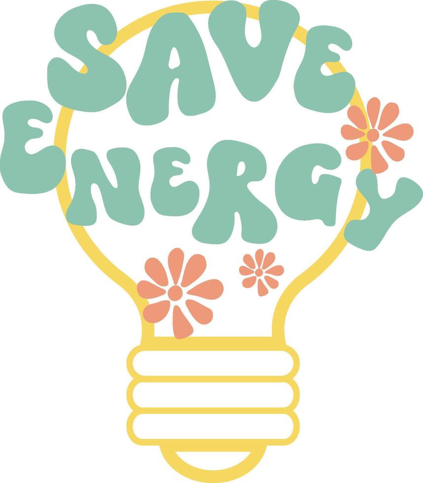 icon in trendy retro cartoon style, groovy 70s with lettering save energy. illustration vector