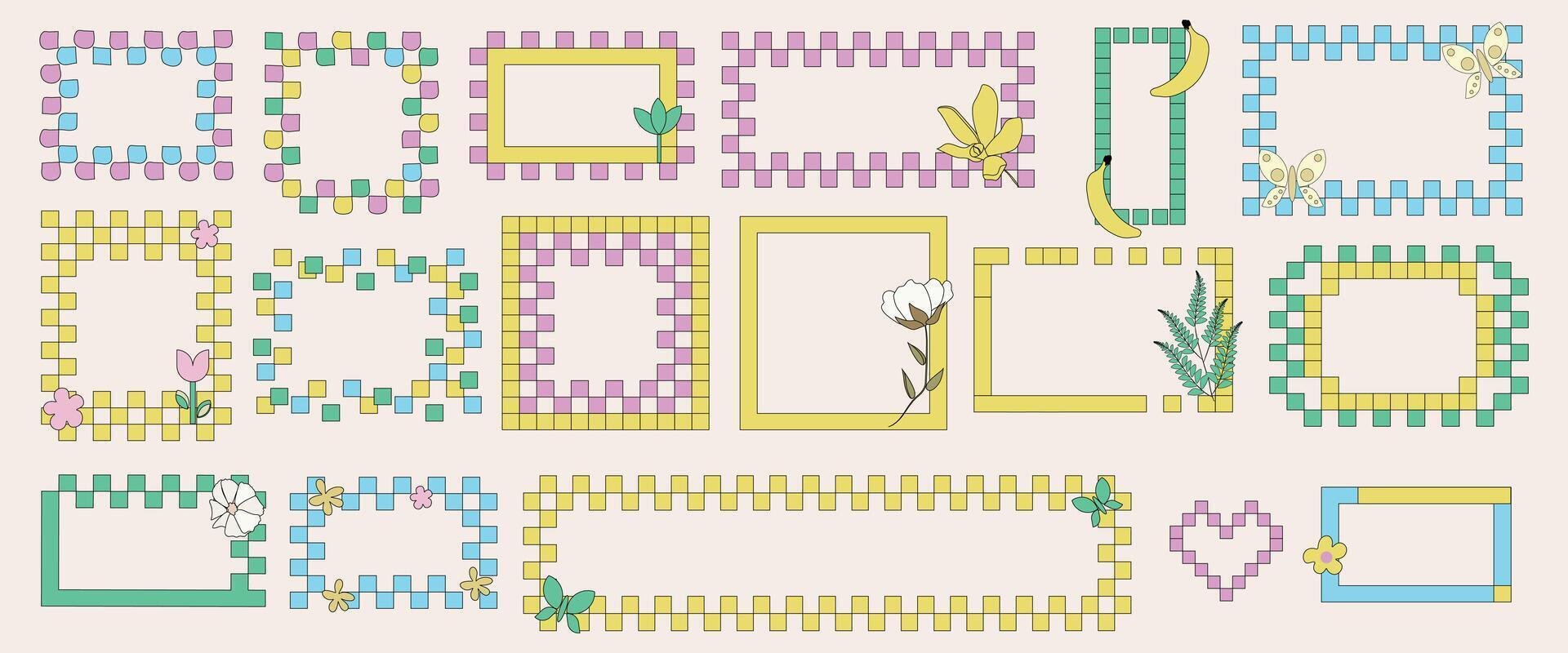 Pixel art frames. Colored pixel frames with flowers, plants in pixel retro style. vector