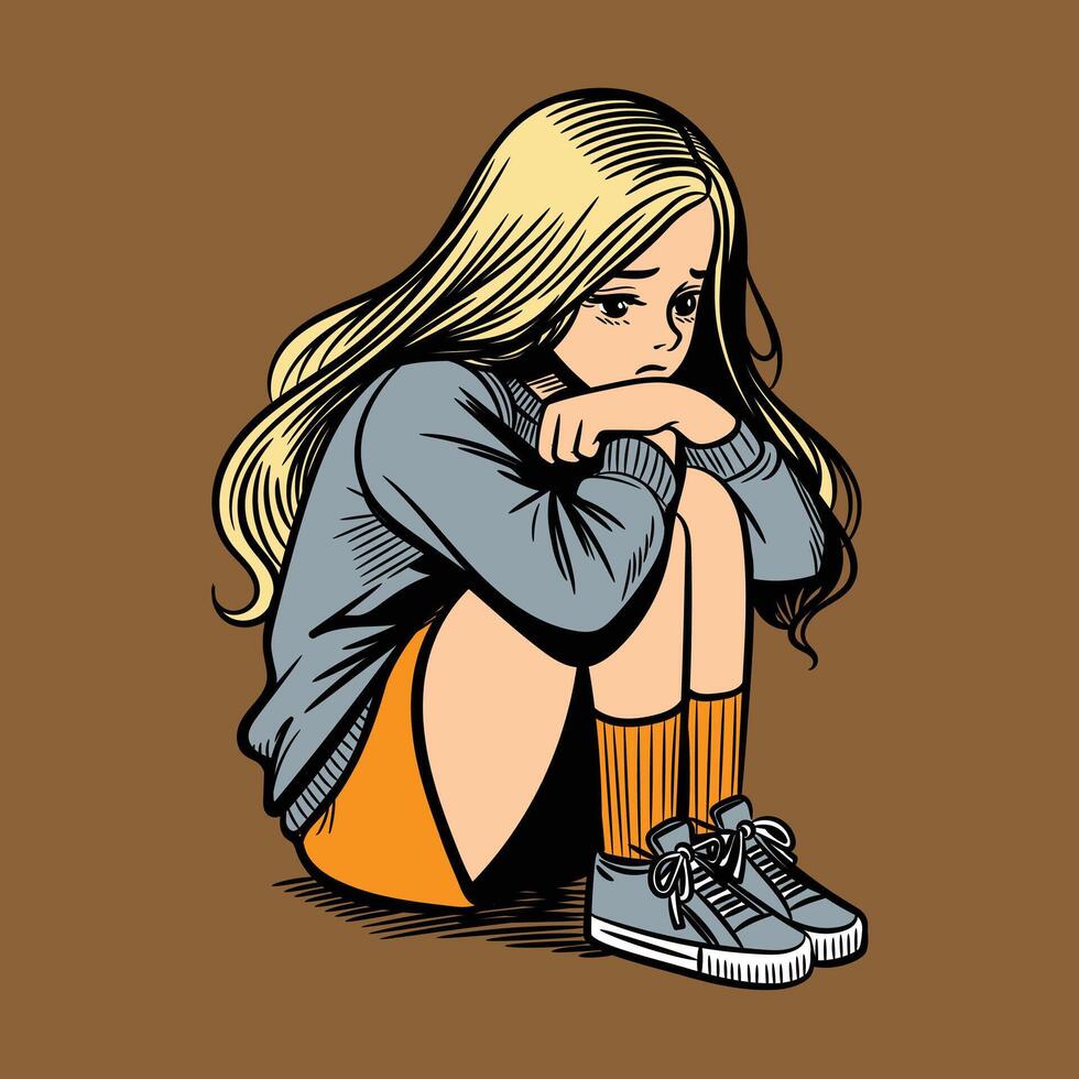 un dibujo de un triste niña con un largo rubia pelo vector