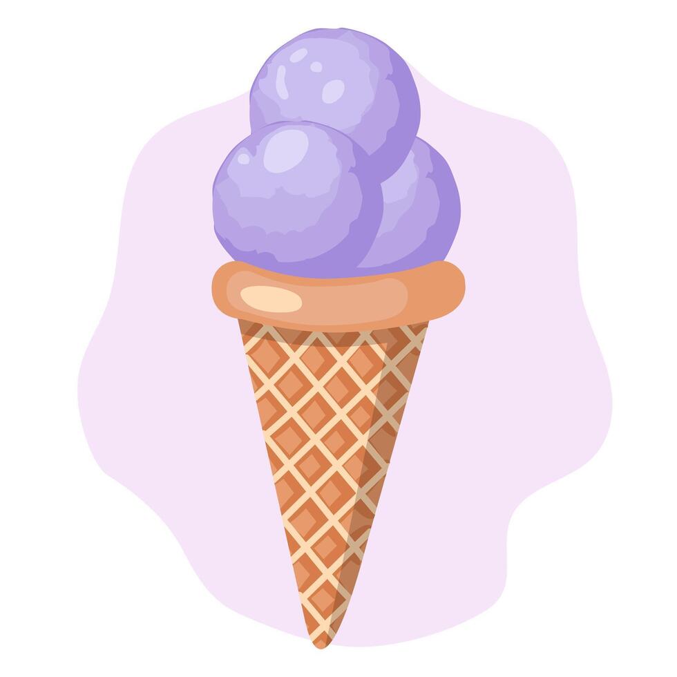 Lavender ice cream. Three balls of creamy sweet dessert in a waffle cone. Purple sorbet. illustration on white background. vector