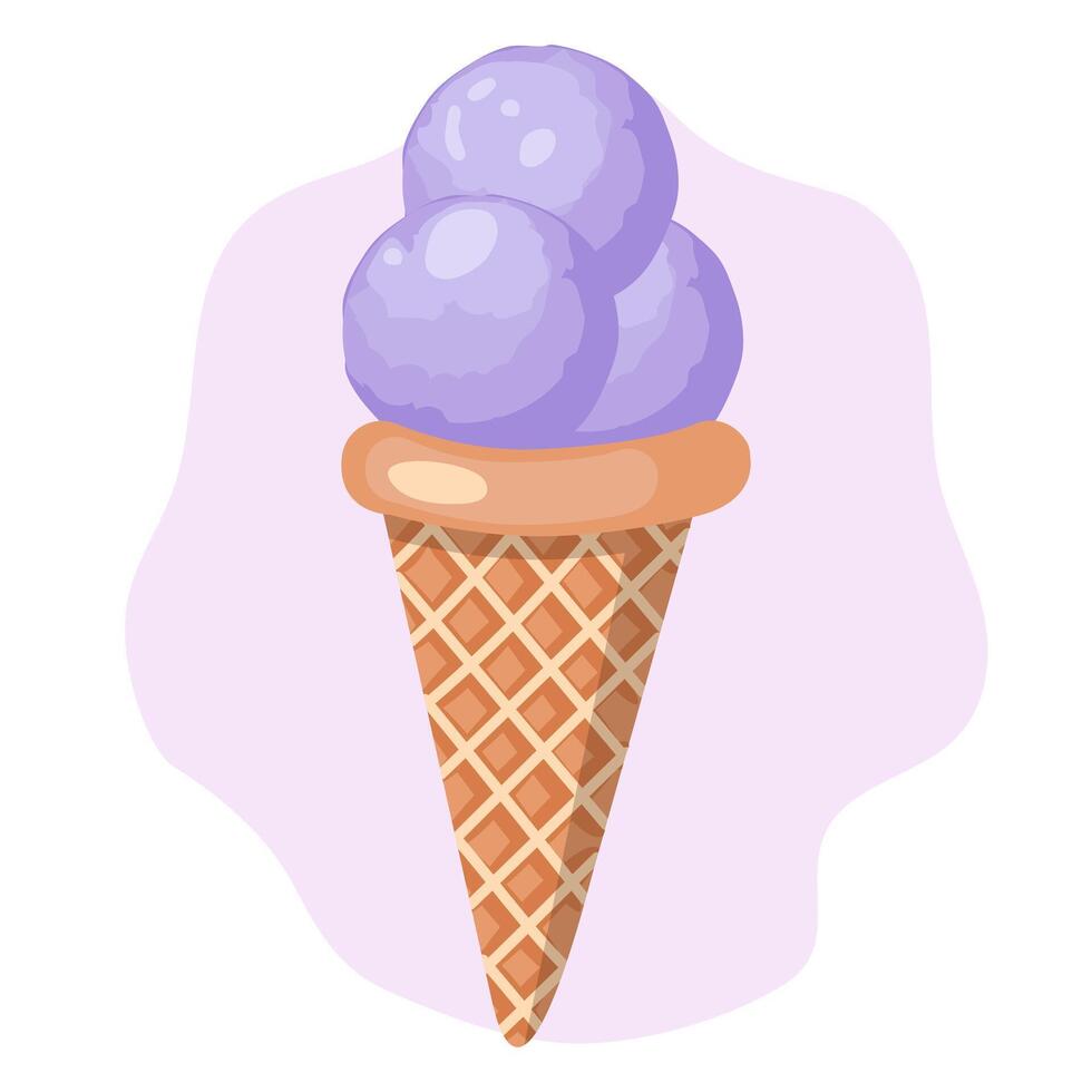 lavanda hielo crema. Tres pelotas de cremoso dulce postre en un gofre cono. púrpura sorbete. ilustración en blanco antecedentes. vector