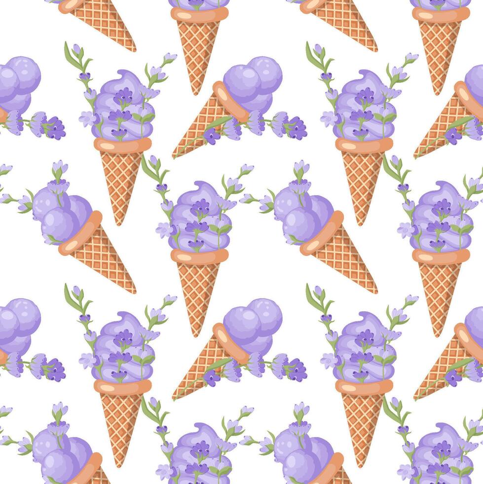 lavanda hielo crema. Tres cucharadas de cremoso dulce postre en un gofre cono. púrpura sorbete. sin costura modelo. ilustración. vector