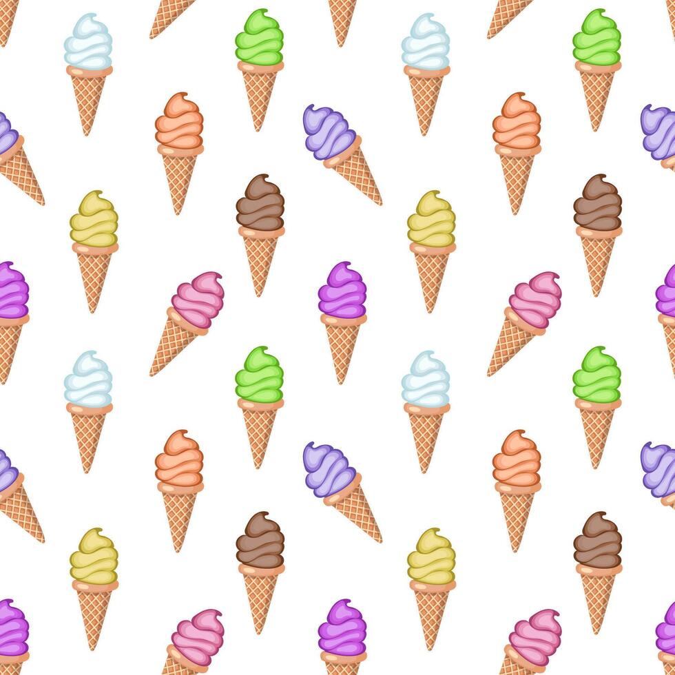 Multi-colored fruit ice cream in waffle cones. Seamless pattern. illustration. vector
