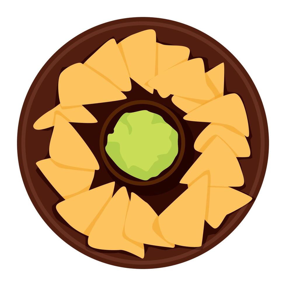 Guacamole sauce and corn nachos laid out in a circle on a plate vector