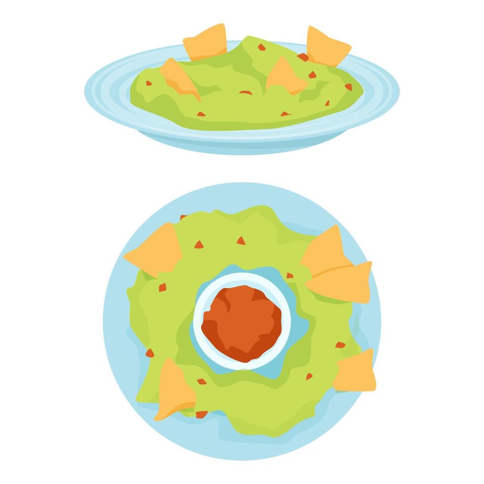Set of Mexican guacamole plates with nachos vector