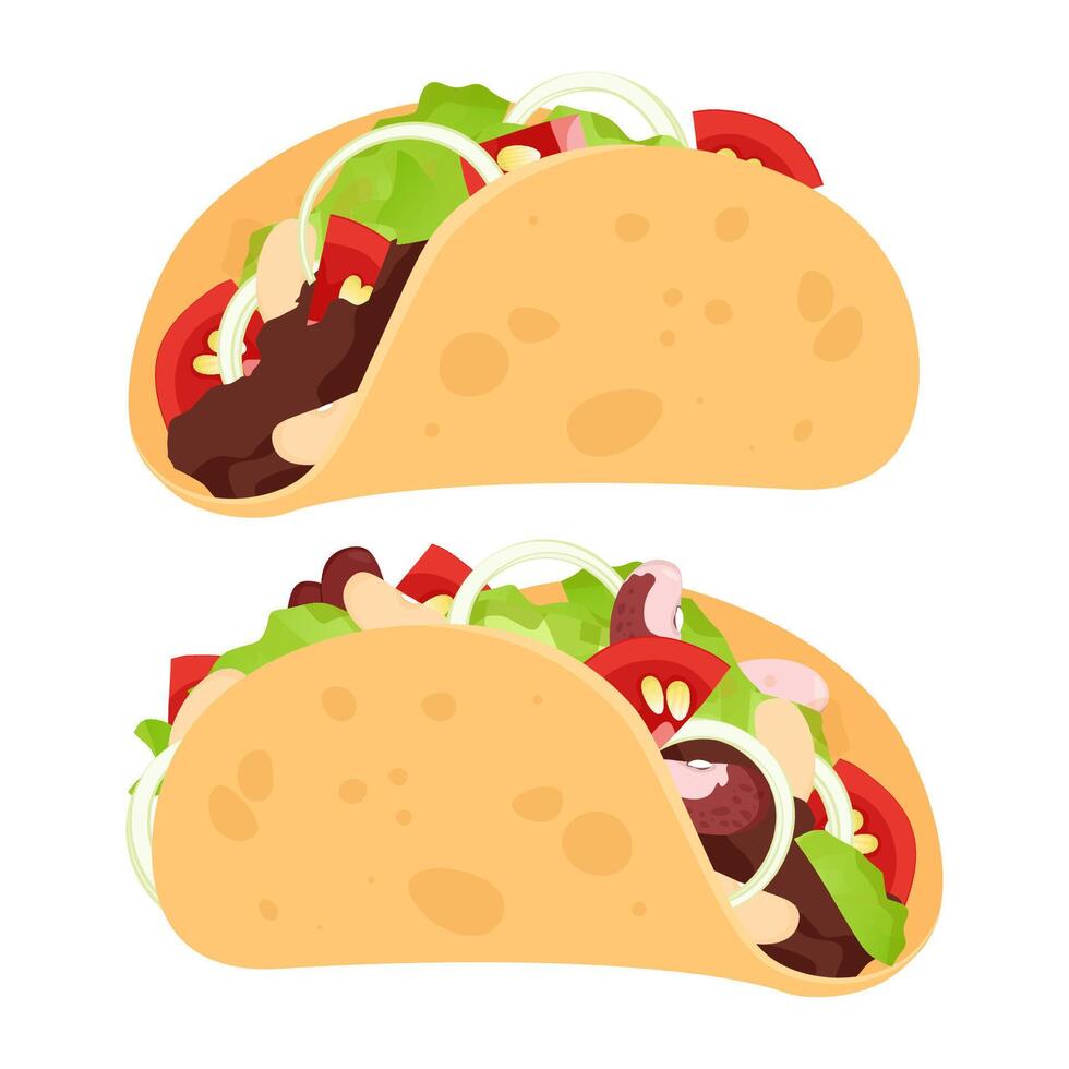 A set of delicious Mexican tacos stuffed with tomato, lettuce and minced meat vector