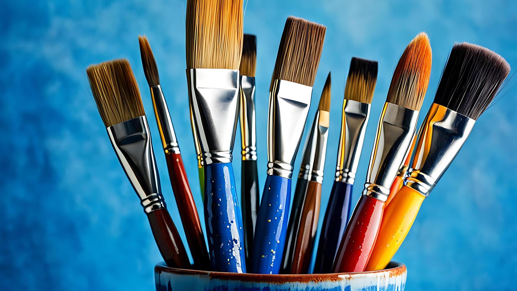 AI generated many different paint brushes in a blue vase photo