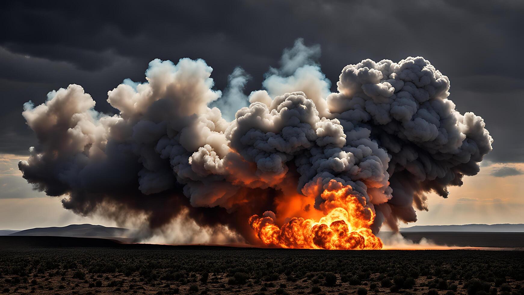 AI generated a large plume of smoke is seen in the desert photo