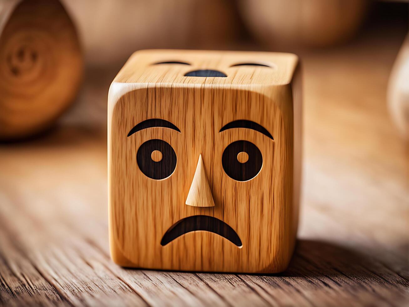 AI generated A wooden cube with a sad face expression, showcasing emotion. photo