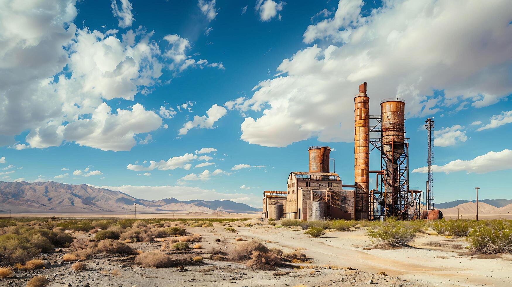 AI generated old abandoned steam electric power station in the middle of the desert photo