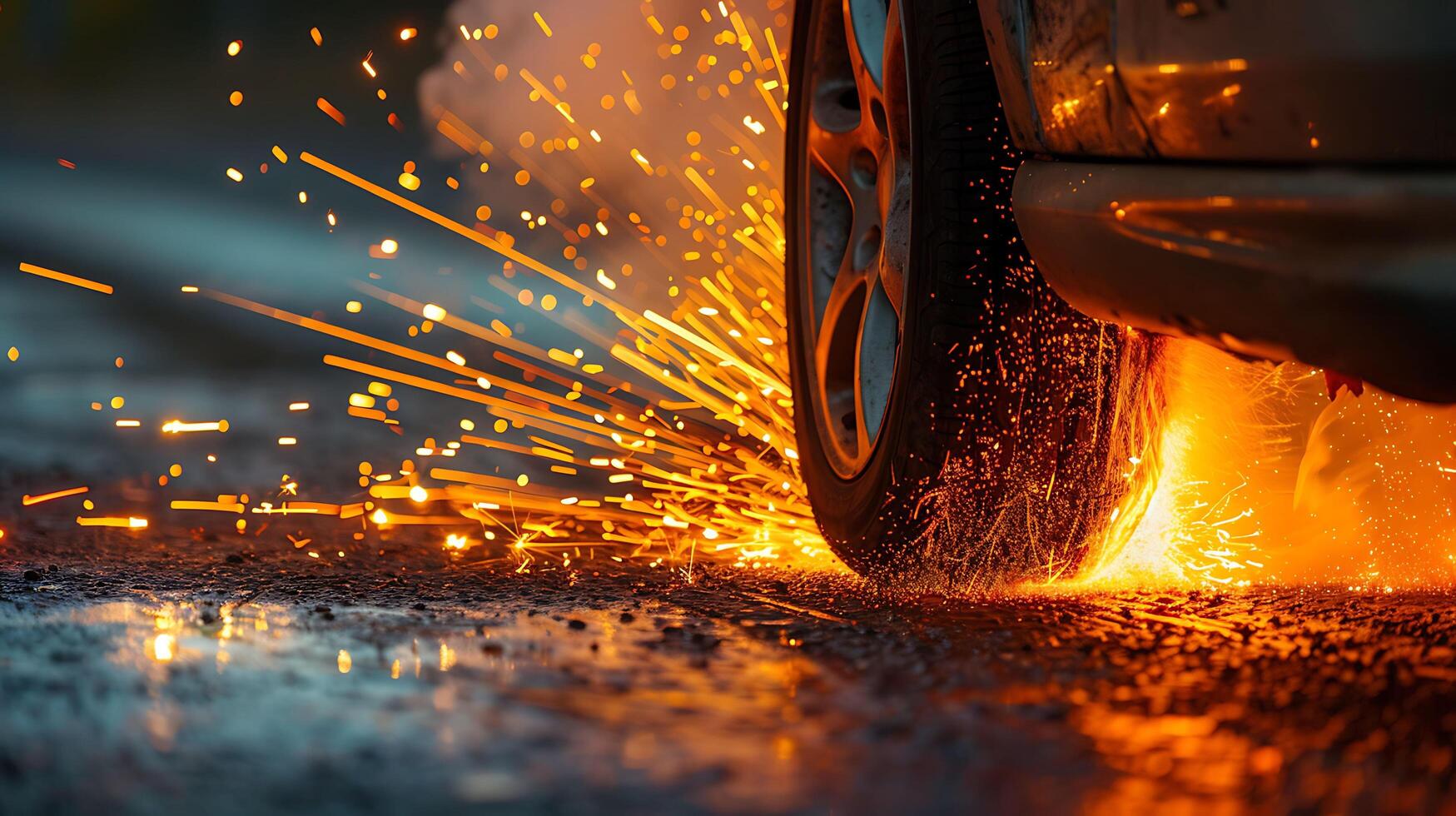 AI generated A cars tire skidding, creating bright, dynamic sparks on a wet road at night photo