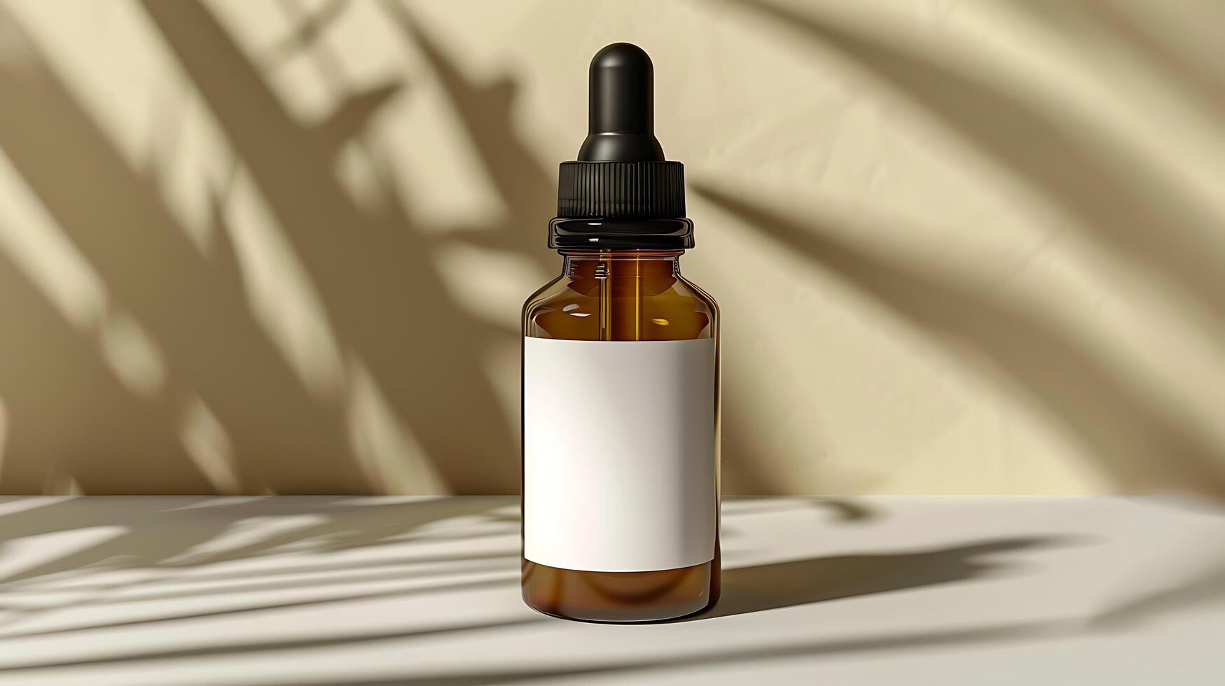 Mockup of a brown glass dropper bottle with blank label. a bottle of essential oil photo