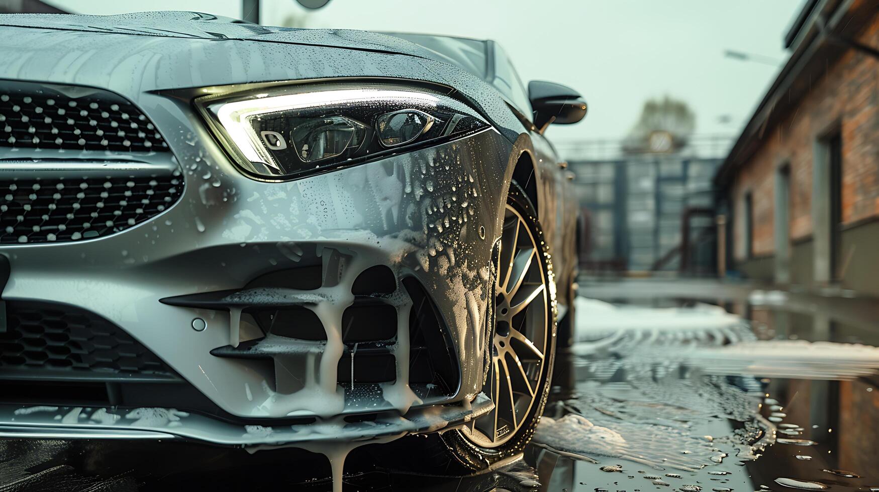 un coche es siendo lavado en el lluvia foto