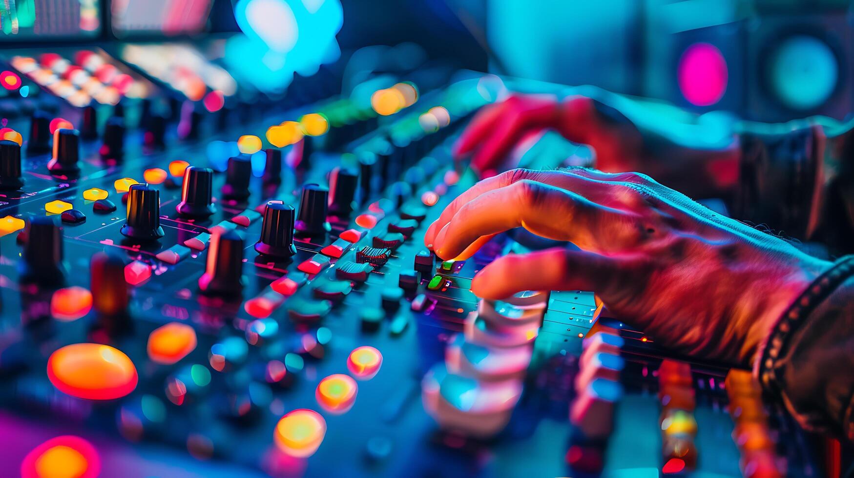 DJ hands mixing music on a mixer in nightclub, close-up photo