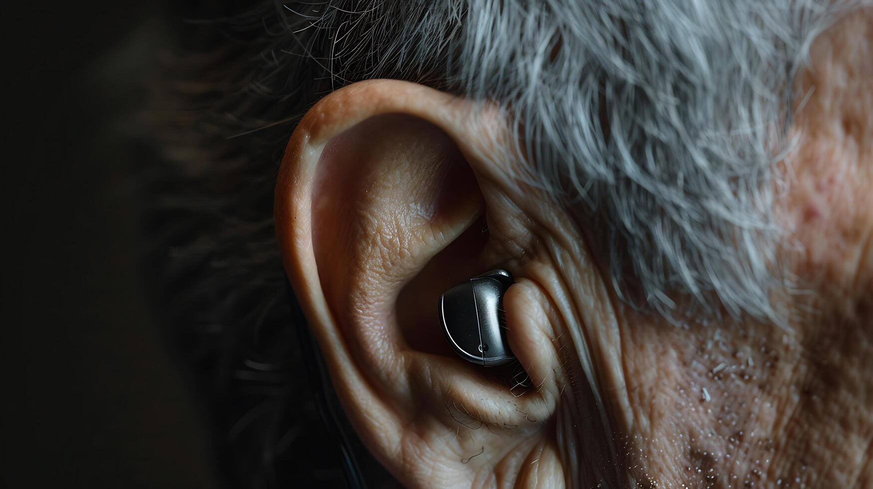 Elderly woman wearing modern digital hearing aid in her ear. photo