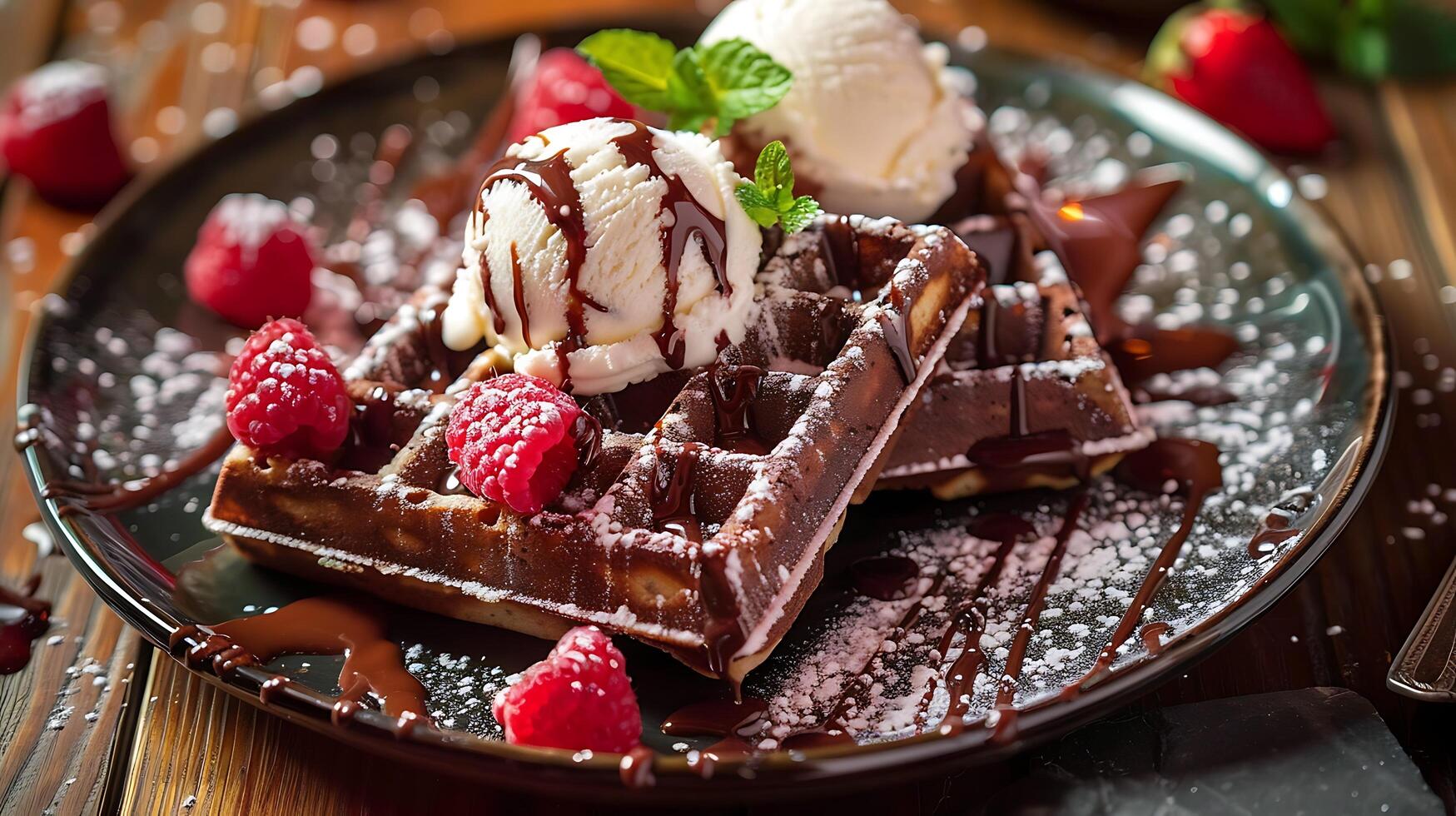 Chocolate waffles with ice cream and fresh raspberries photo