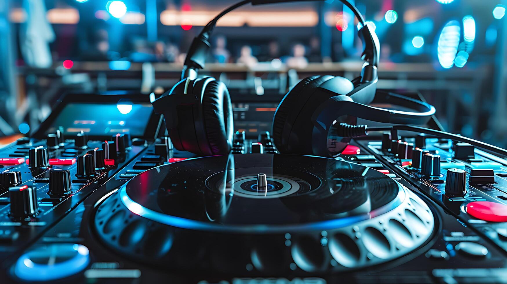 Dj mixer with headphones in nightclub, close-up view. photo