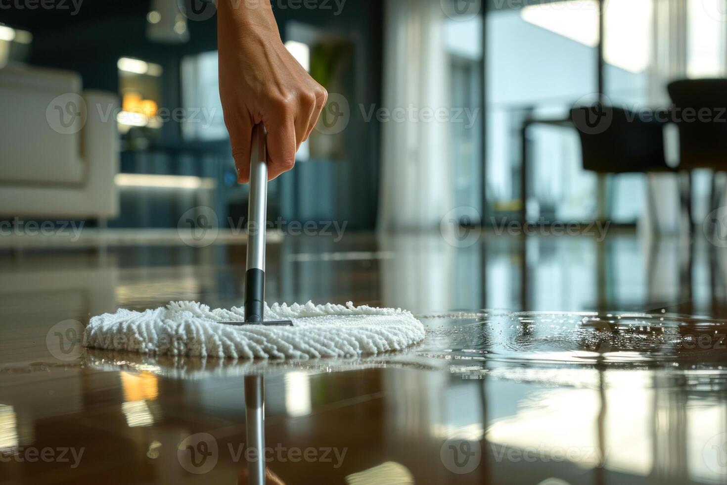 AI generated Mopping Spilled Water on Shiny Floor photo