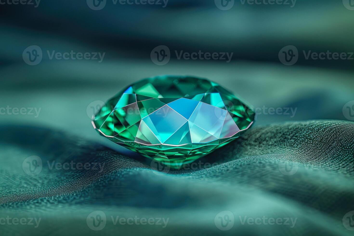 AI generated Emerald Gemstone on Blue Textured Fabric photo
