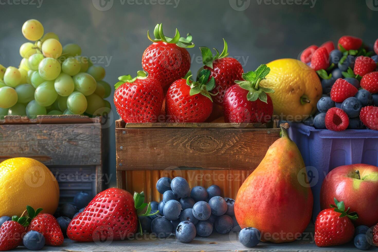 AI generated Assorted Fresh Fruits and Berries Still Life photo