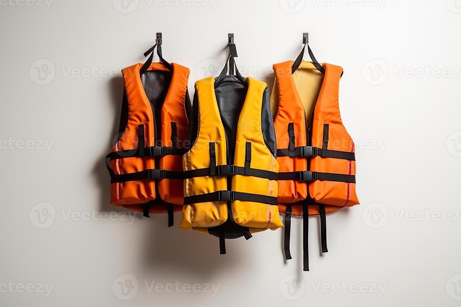 ai generado la seguridad primero vistoso vida chaquetas Listo para agua aventuras en blanco antecedentes. creado con generativo ai foto