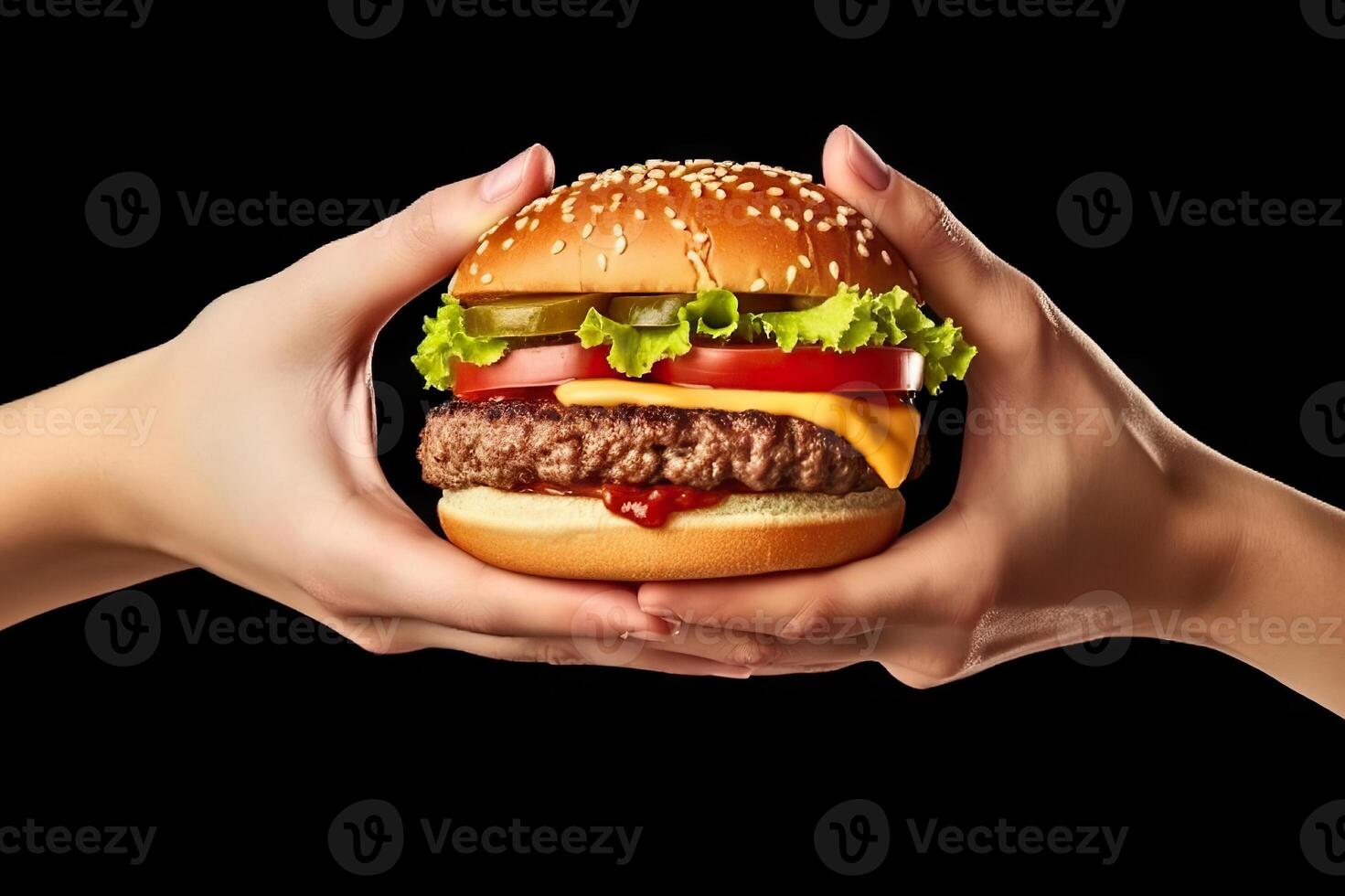 AI generated Delicious Temptation Enjoying a Mouthwatering Hamburger From Above. created with Generative AI photo