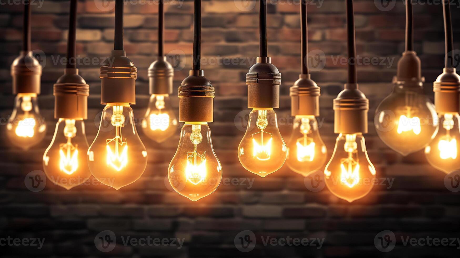 AI generated Decorative Antique Edison Style Light Bulbs Against Brick Wall Background for Vintage Lamp Enthusiasts. created with Generative AI photo