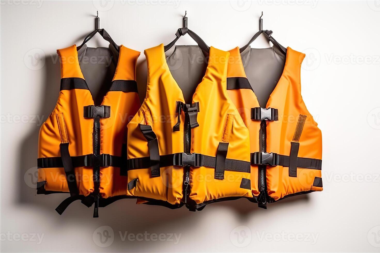 ai generado la seguridad primero vistoso vida chaquetas Listo para agua aventuras en blanco antecedentes. creado con generativo ai foto