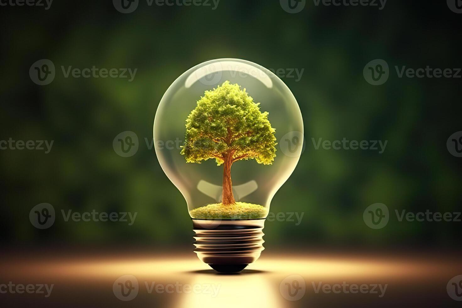 AI generated Sustainable Illumination Green Energy Concept with Tree Inside Light Bulb and Resource Icon. created with Generative AI photo
