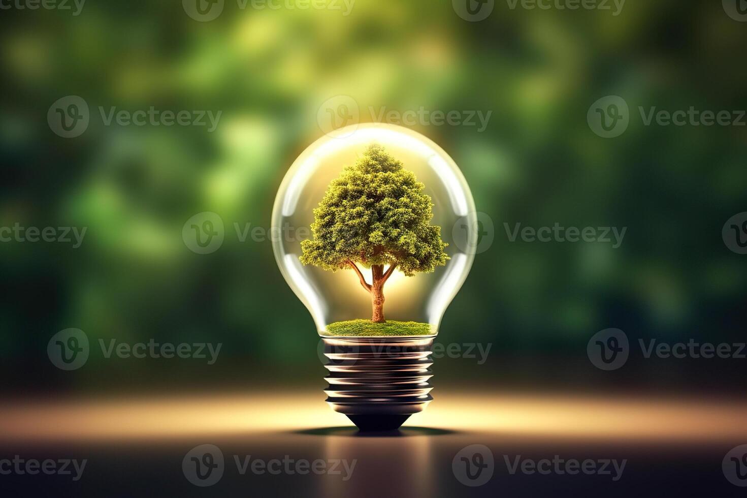 AI generated Sustainable Illumination Green Energy Concept with Tree Inside Light Bulb and Resource Icon. created with Generative AI photo