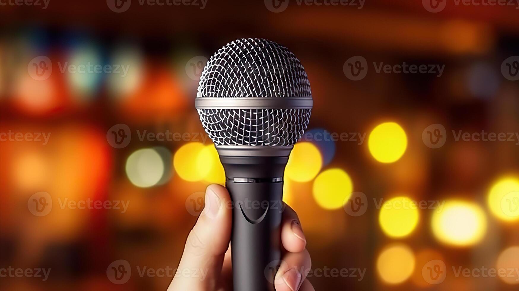 AI generated Captivating Performance Artist Holding a Microphone in a Music Show with Bokeh Background. created with Generative AI photo