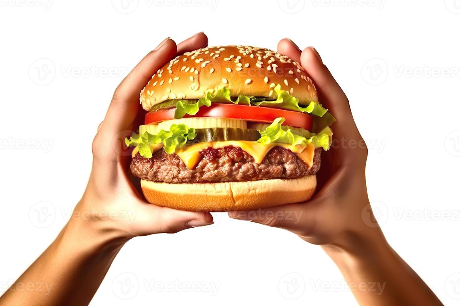 AI generated Savoring the Delicious Moment A Mouthwatering Overhead Shot of a Hamburger About to be Devoured. created with Generative AI photo
