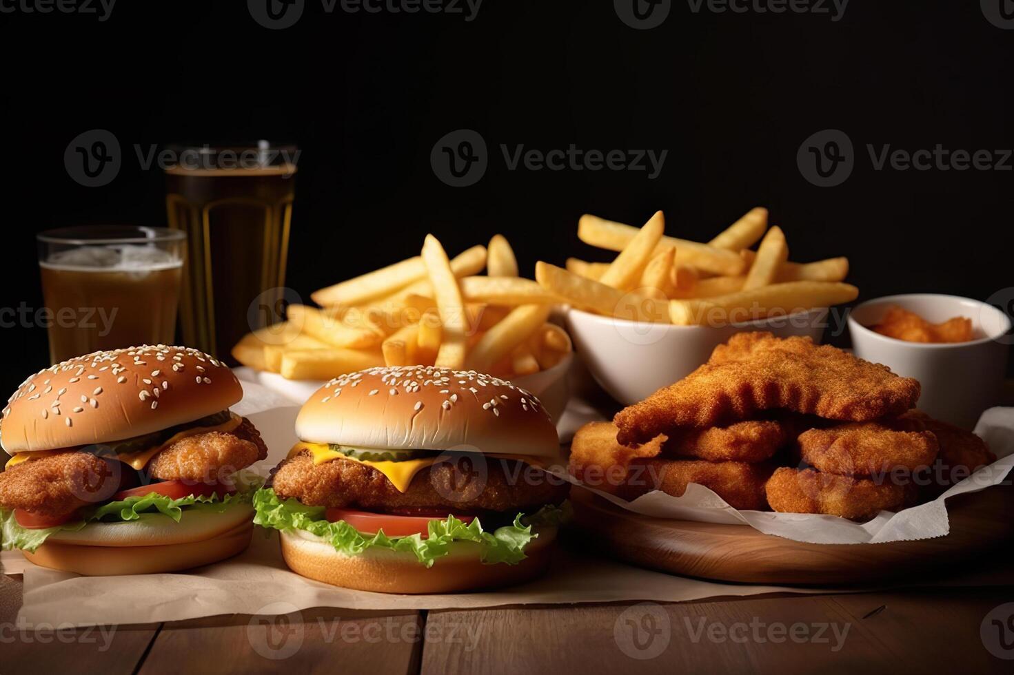 AI generated Irresistible Fast Food Combo Savor the Goodness of French Fries, Chicken Wings, Chicken Popcorn, Chicken Nuggets, and a Delectable Chicken Burger. created with Generative AI photo